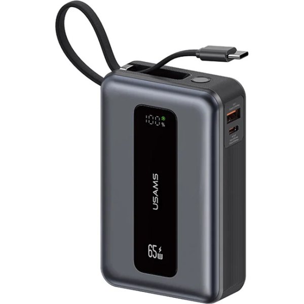 USAMS power bank CD243 με καλώδιο USB-C, 2x θύρες εξόδου, 20000mAh, 65W, γκρι