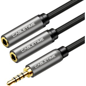 CABLETIME καλώδιο ήχου 3.5mm σε 2x 3.5mm CT-P12G4P, 4-pole, 20cm, μαύρο