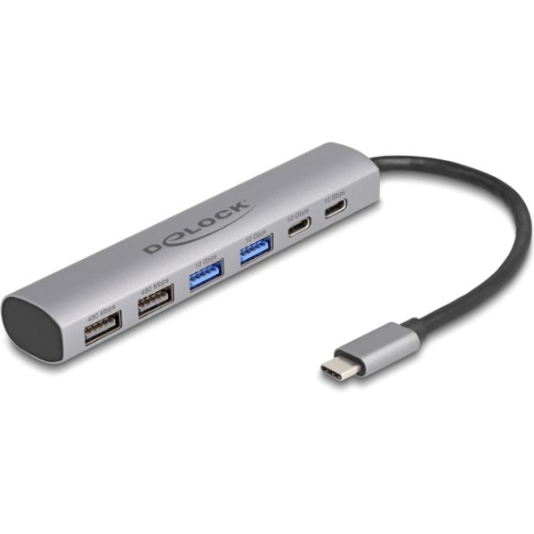 DELOCK USB hub 64232, 6x θυρών, 10Gbps, USB-C σύνδεση, γκρι