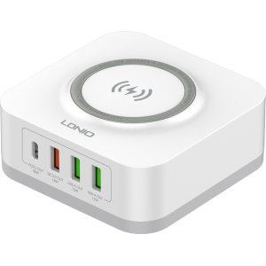 LDNIO σταθμός φόρτισης AW004, USB-C/3x USB/wireless, 32W, PD/QC, λευκός