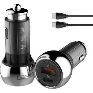 LDNIO φορτιστής αυτοκινήτου C1 με καλώδιο, USB & USB-C, 38W PD, μαύρος