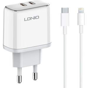 LDNIO φορτιστής τοίχου A2528M με καλώδιο, 2x USB-C, 35W, MFi, λευκό