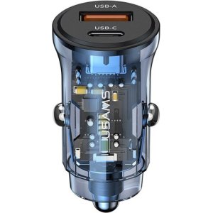USAMS φορτιστής αυτοκινήτου US-CC164, USB & USB-C, 30W, μπλε
