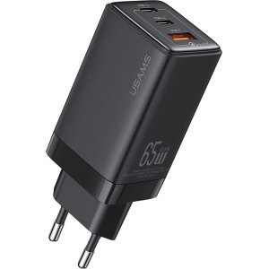 USAMS φορτιστής τοίχου US-CC180, USB & 2x USB-C, 65W PD, GaN, μαύρος
