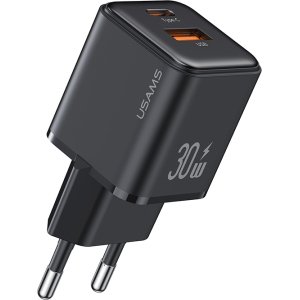 USAMS φορτιστής τοίχου US-CC189, USB & USB-C, 30W PD, μαύρος