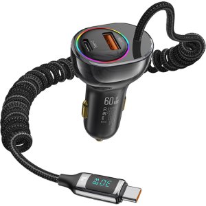 USAMS φορτιστής αυτοκινήτου US-CC192 με καλώδιο, USB/USB-C, 60W, μαύρος