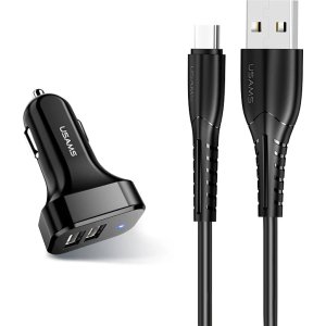 USAMS φορτιστής αυτοκινήτου C13 & καλώδιο type-C, 2x USB, 2.1A, μαύρο