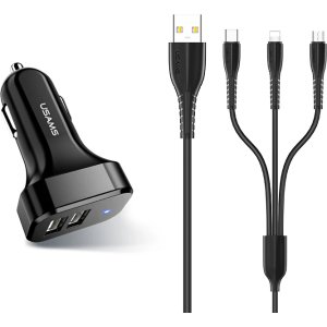 USAMS φορτιστής αυτοκινήτου C13 & καλώδιο 3 σε 1, 2x USB, 2.1A, μαύρο