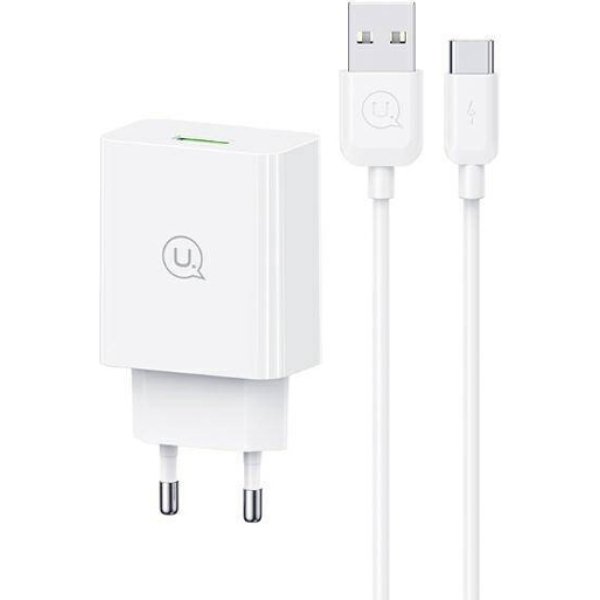 USAMS φορτιστής τοίχου SCXLTZ02 με καλώδιο USB-C, USB, 18W, λευκός
