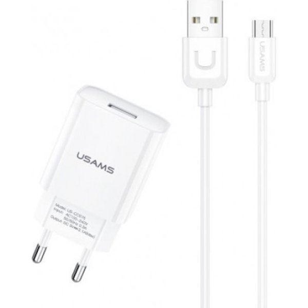 USAMS φορτιστής τοίχου T21OCMC01 με καλώδιο Micro USB, USB 2.1A, λευκός