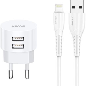 USAMS φορτιστής τοίχου T20 & καλώδιο Lightning, 2x USB, 2.1A, λευκός