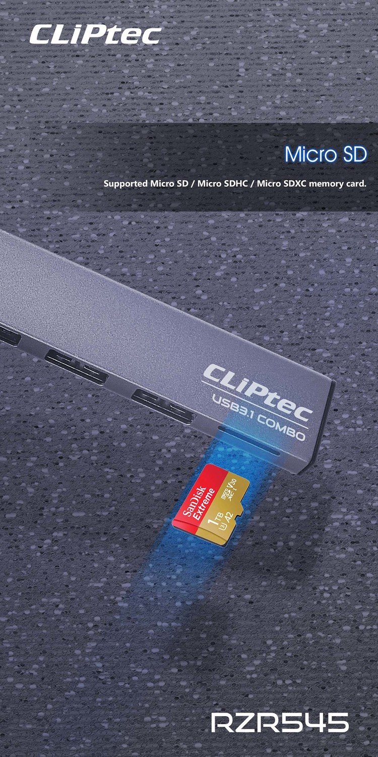 Cliptec Adapter HUB - USB to USB 3.1 + 2xUSB 2.0 + microSD - Slim Combo RZR545 grey - Image 6