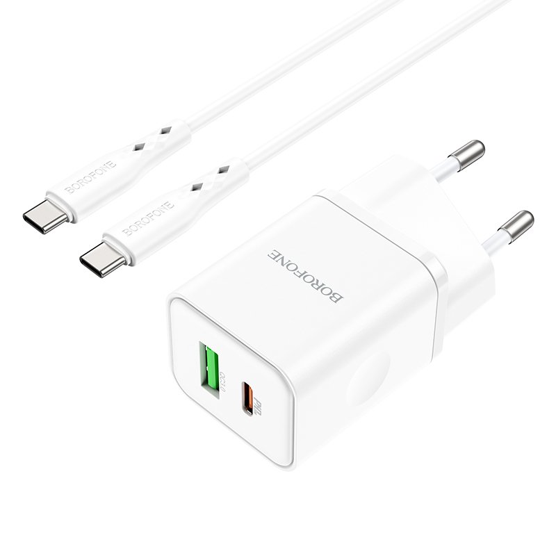 Borofone Wall charger BN7 - USB + Type C - QC 3.0 PD 20W with Type C to Type C cable white - Image 3