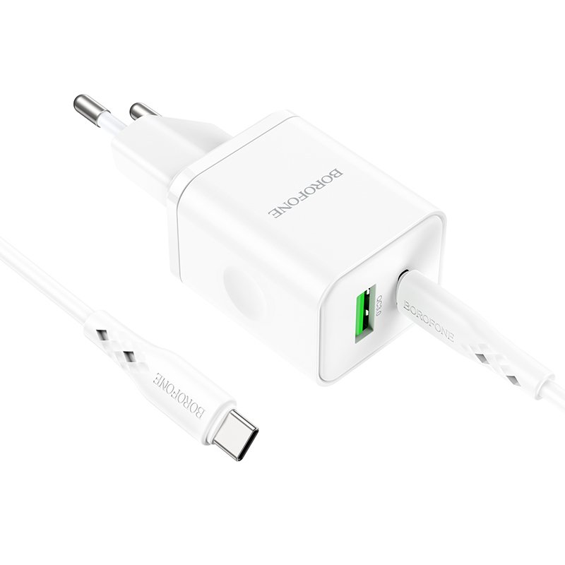 Borofone Wall charger BN7 - USB + Type C - QC 3.0 PD 20W with Type C to Type C cable white - Image 4