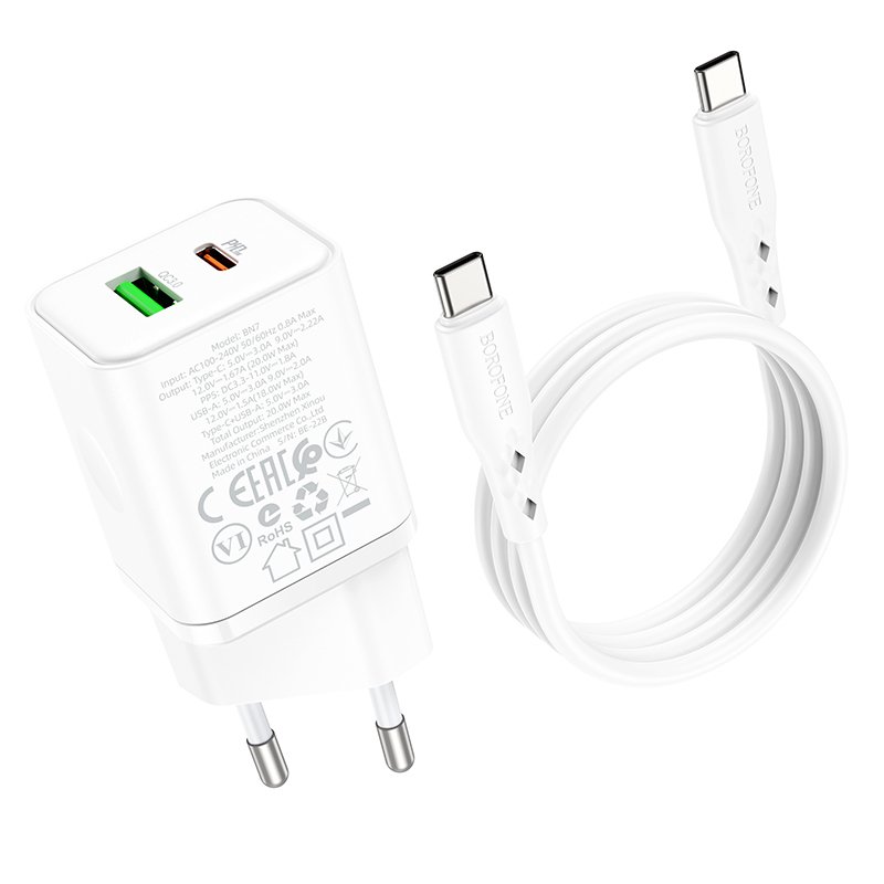 Borofone Wall charger BN7 - USB + Type C - QC 3.0 PD 20W with Type C to Type C cable white - Image 6