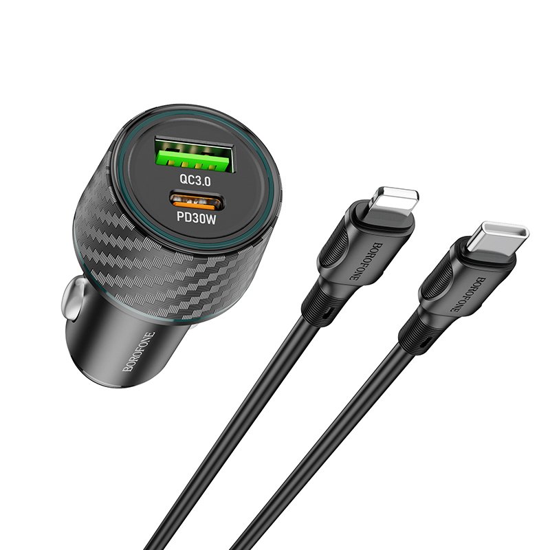 Borofone Car charger BZ21 Brilliant - USB + Type C - QC 3.0 PD 48W with Type C to Lightning cable black - Image 5