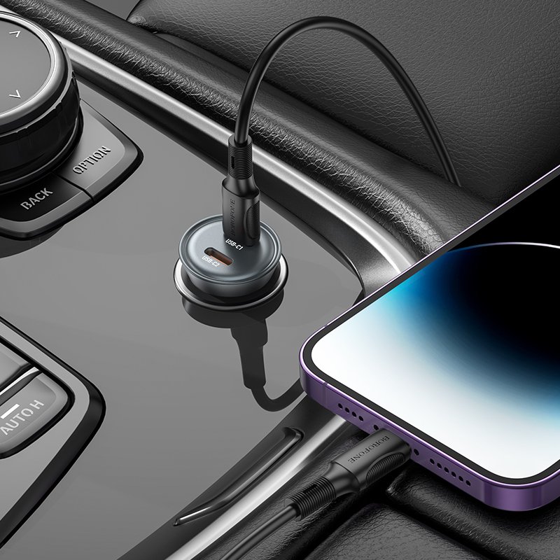 Borofone Car charger BZ26B Discovery - 2xType C - PD 45W 3A with Type C to Lightning cable transparent-black - Image 5