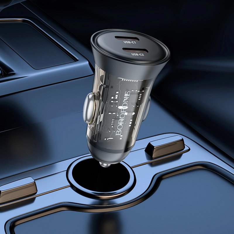 Borofone Car charger BZ26B Discovery - 2xType C - PD 45W 3A with Type C to Lightning cable transparent-blue - Image 3