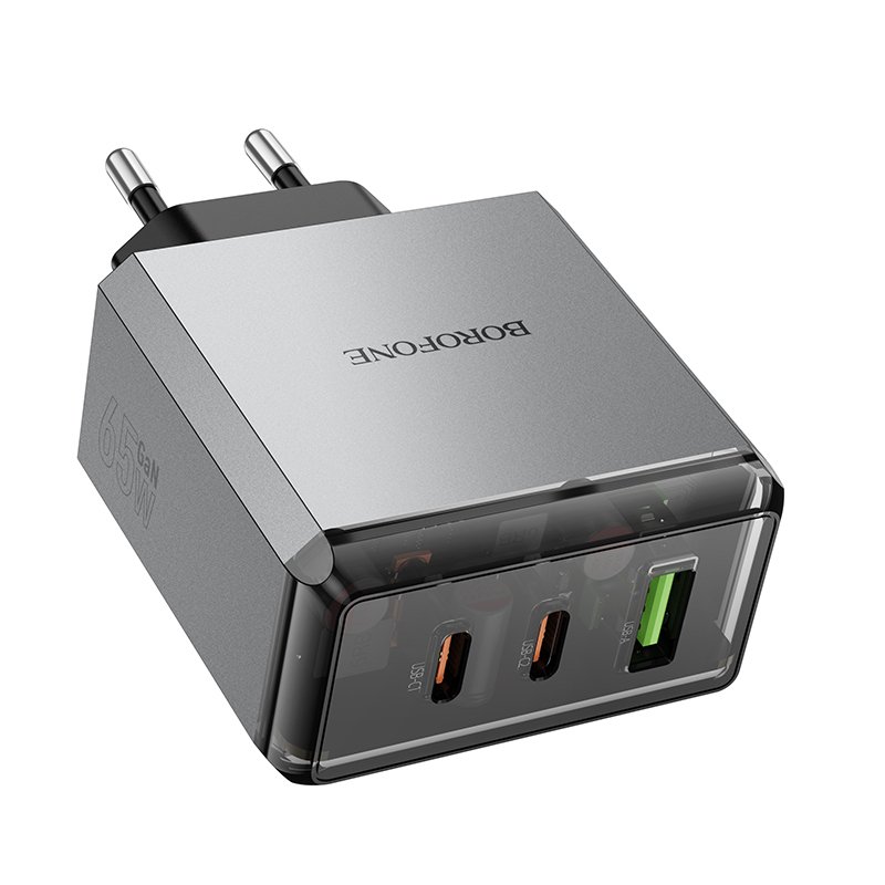 Borofone Wall charger BN22 Lena GaN - 2xType C + USB - QC 3.0 PD 65W grey - Image 4