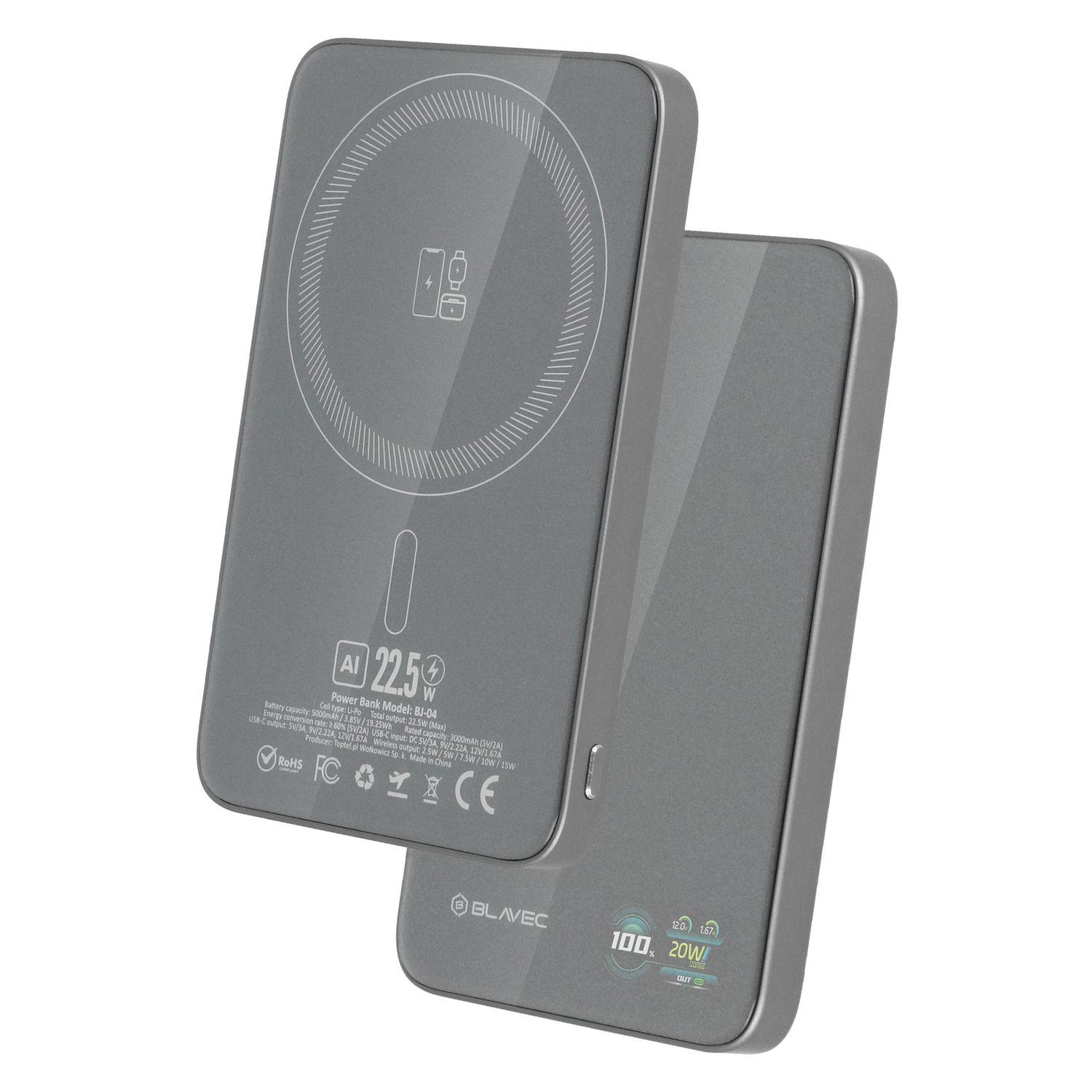 Blavec Power Bank 5000mAh BJ-04 Ultra Slim 7,8mm - Type C - 22,5W magnetic Magsafe 3 in 1 (PBBJ04-MC5G) grey glass - Image 2