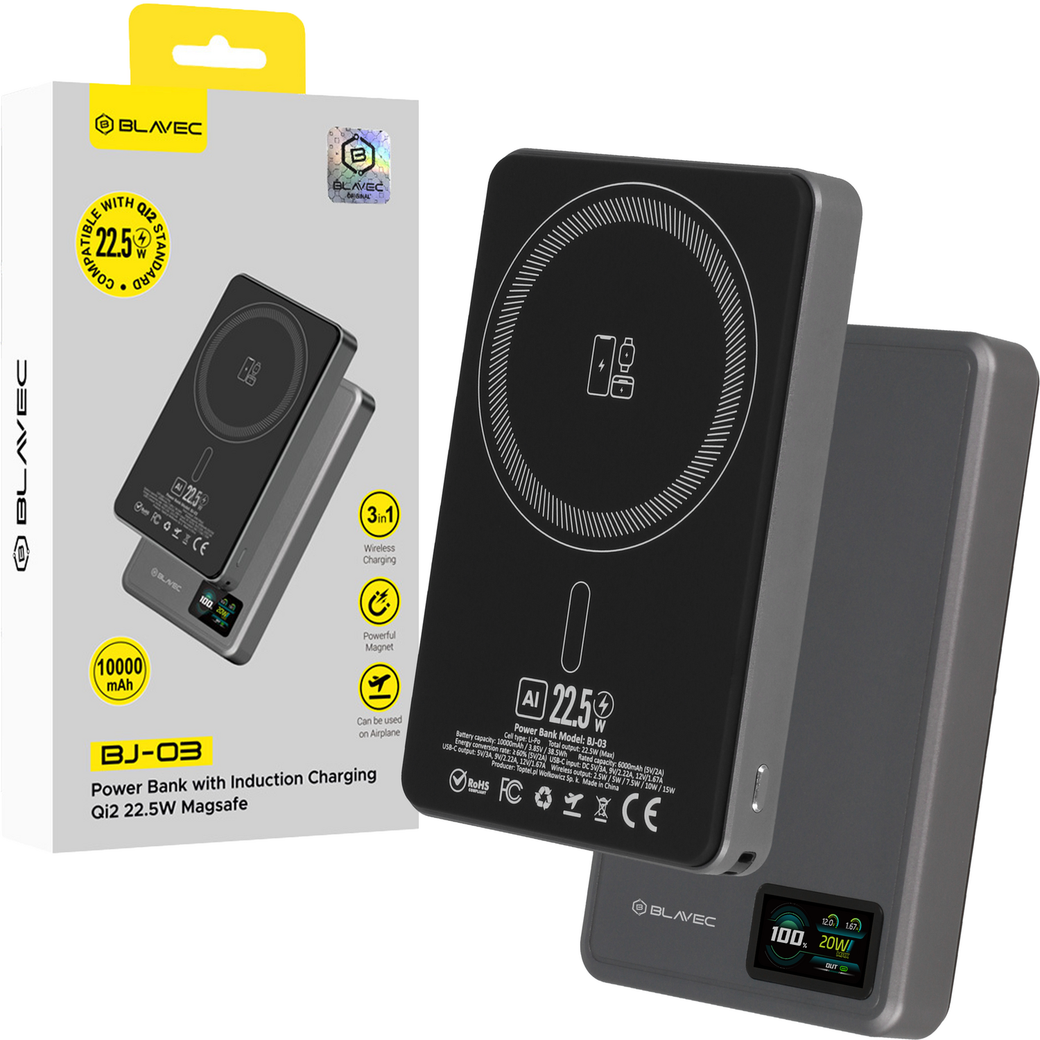 Blavec Power Bank 10000mAh BJ-03 Slim 13,5mm - Type C - 22,5W magnetic Magsafe 3 in 1 (PBBJ03-MC10G) grey