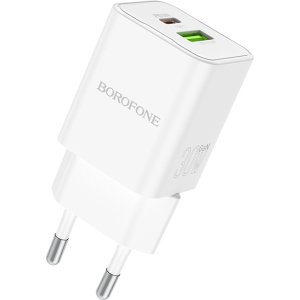 Borofone Wall charger BN14 Royal GaN - USB + Type C - QC 3.0 PD 30W white