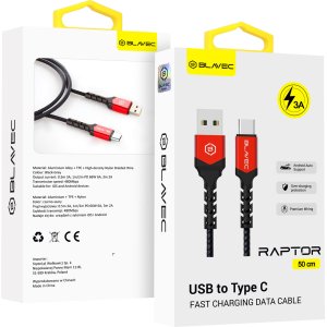 Blavec Cable Raptor braided - USB to Type C - 3A 0,5 meters Apple CarPlay/Android Auto (CRA-UC3BR05) black-red