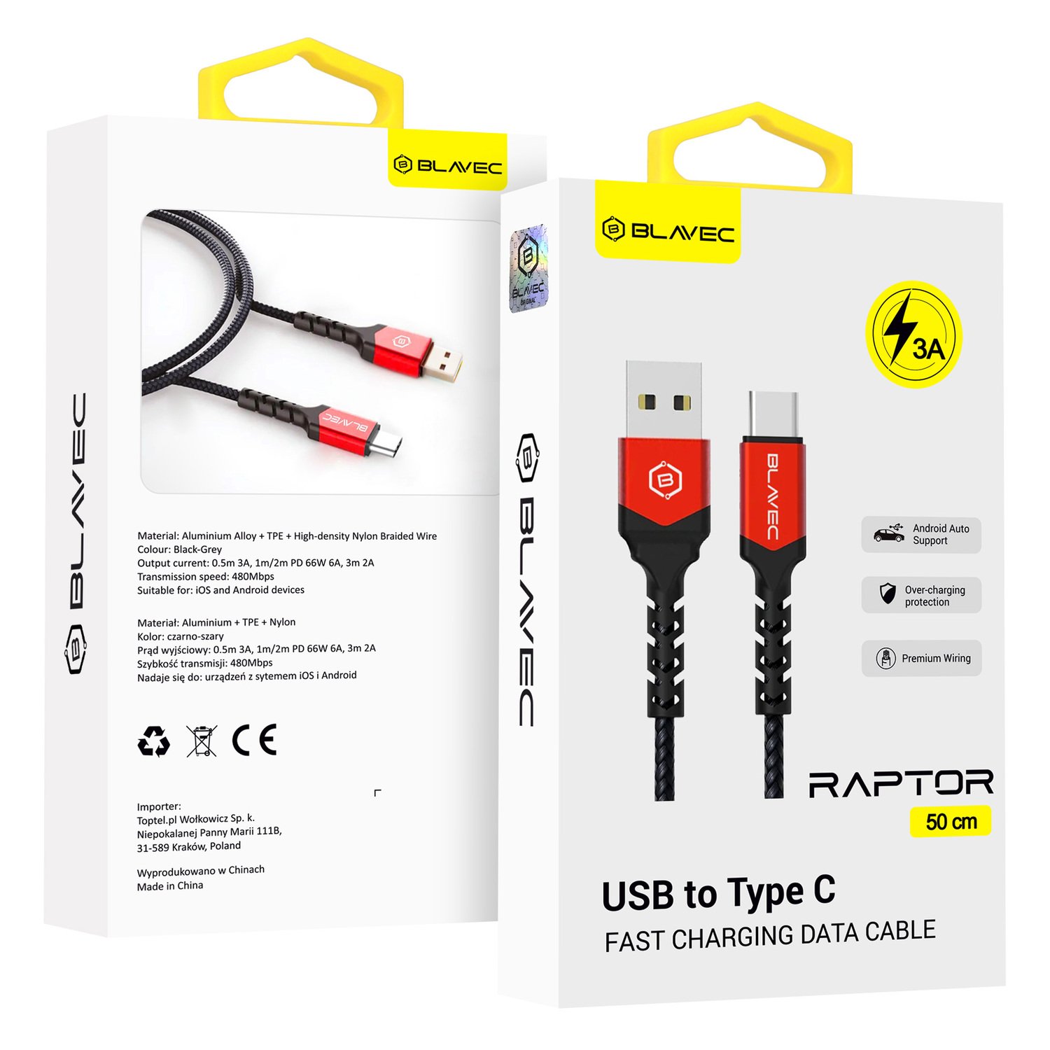 Blavec Cable Raptor braided - USB to Type C - 3A 0,5 meters Apple CarPlay/Android Auto (CRA-UC3BR05) black-red