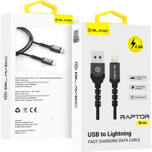 Blavec Cable Raptor braided - USB to Lightning - 2,4A 0,5 metres Apple CarPlay (CRA-UL24BG05) black-grey