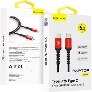 Blavec Cable Raptor braided - Type C to Type C - PD 60W 3A 0,25 metres Apple CarPlay/Android Auto (CRA-CC3BR025) black-red