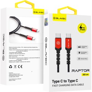 Blavec Cable Raptor braided - Type C to Type C - PD 60W 3A 3 metres Apple CarPlay/Android Auto (CRA-CC3BR30) black-red