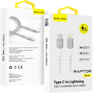Blavec Cable Raptor braided - Type C to Lightning - PD 20W 2,4A 0,25 metres Apple CarPlay (CRA-CL24WS025) white-silver