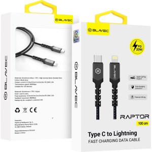 Blavec Cable Raptor braided - Type C to Lightning - PD 20W 2,4A 1 metre Apple CarPlay (CRA-CL24BG10) black-grey