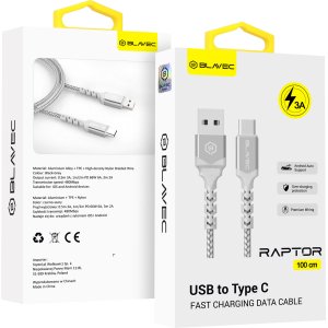 Blavec Cable Raptor braided - USB to Type C - 3A 1 metre Apple CarPlay/Android Auto (CRA-UC3WS10) white-silver