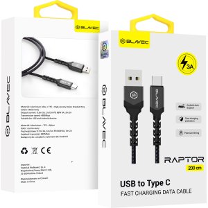 Blavec Cable Raptor braided - USB to Type C - 3A 2 metres Apple CarPlay/Android Auto (CRA-UC3BG20) black-grey