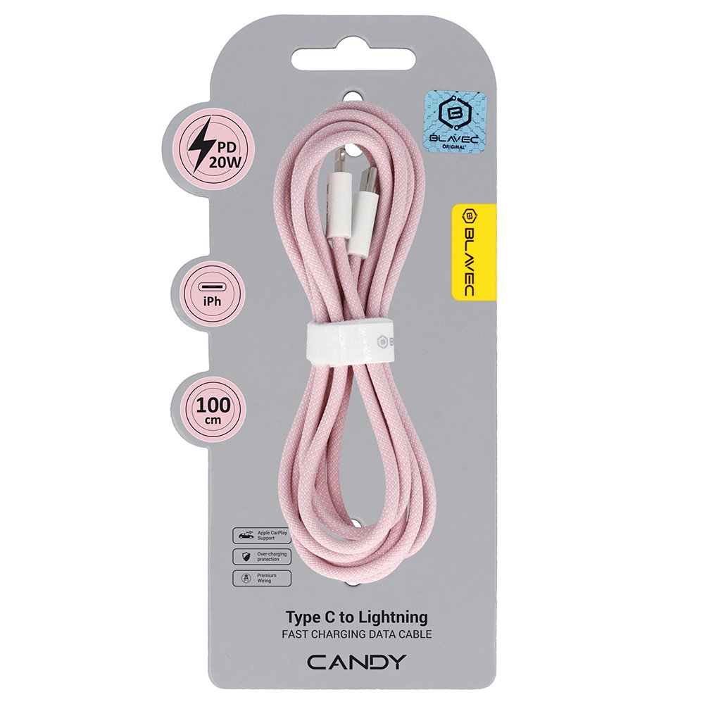Blavec Cable Candy braided - Type C to Lightning - PD 20W 2,4A 1 metre Apple CarPlay (CCA-CL24P10) pink