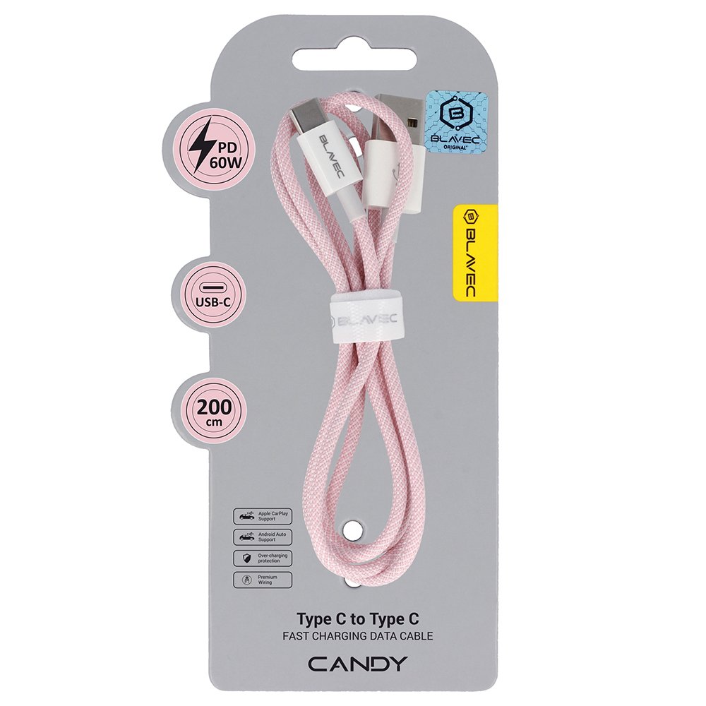 Blavec Cable Candy braided - USB to Type C - PD 60W 3A 2 metres Apple CarPlay/Android Auto (CCA-UC3P20) pink