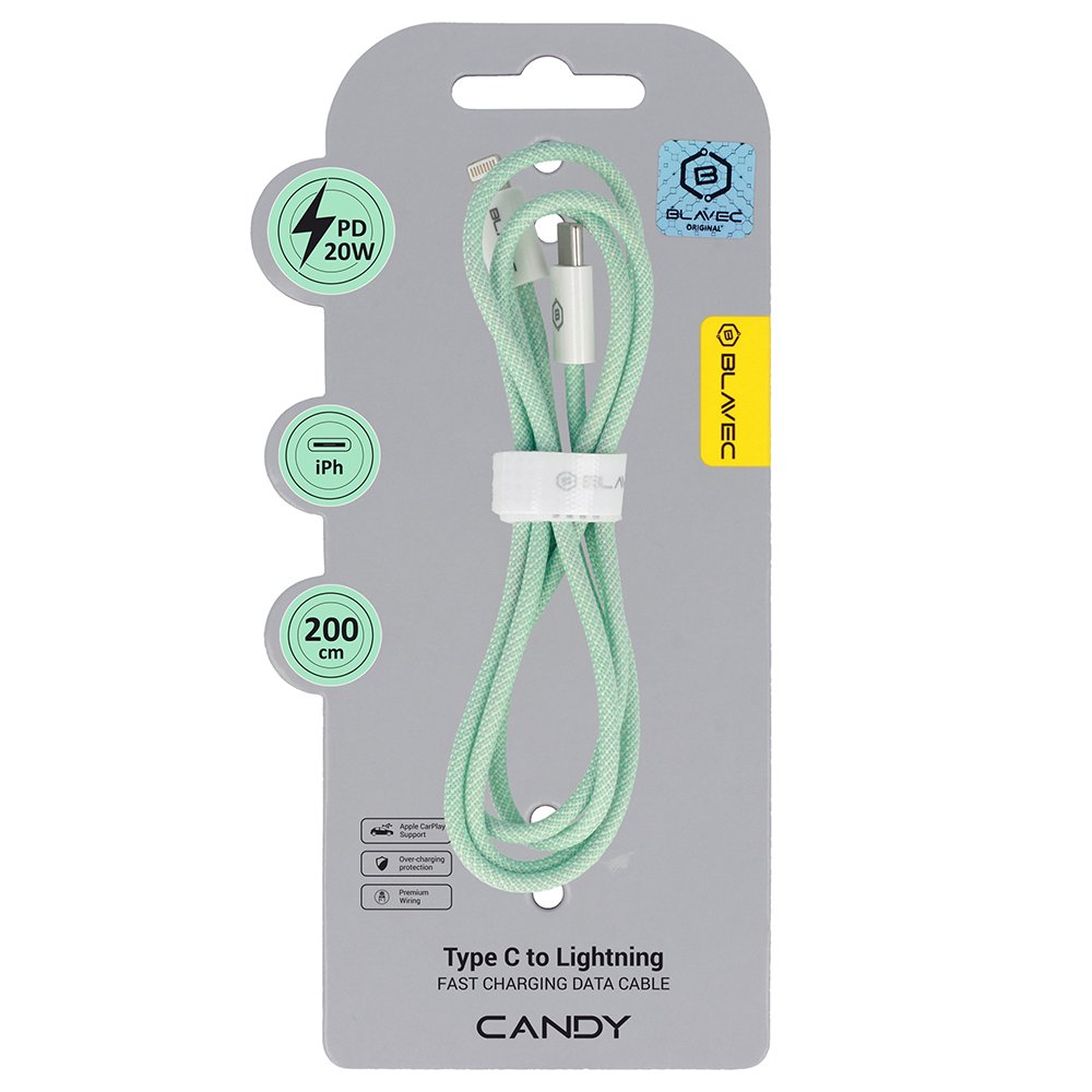 Blavec Cable Candy braided - Type C to Lightning - PD 20W 2,4A 2 metres Apple CarPlay (CCA-CL24GN20) green