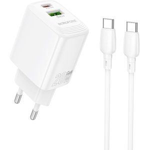 Borofone Wall charger BN27 Fuente - USB + Type C - QC 3.0 PD 20W with Type C to Type C cable white