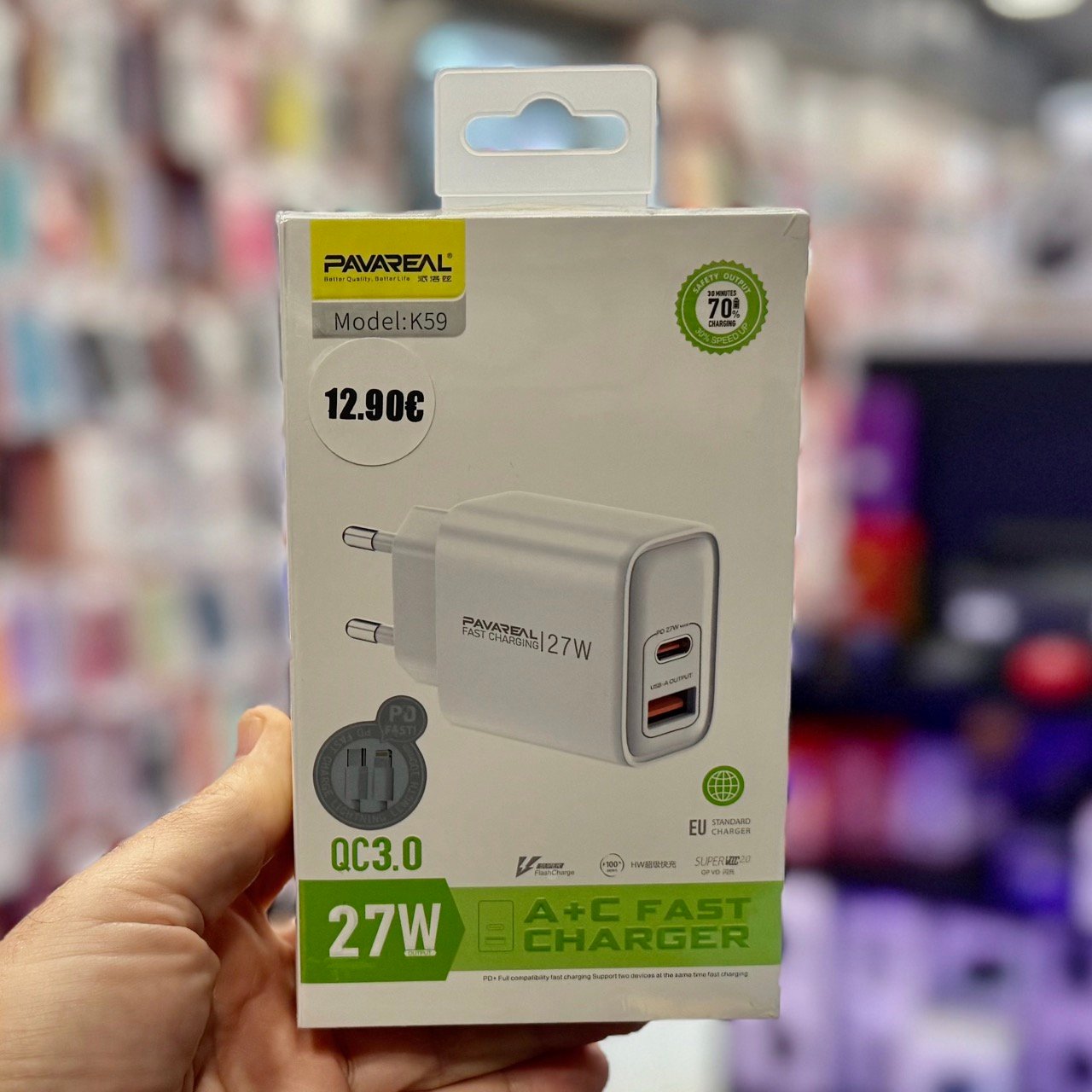 Pavareal K59 Φορτιστής USB‑A & Type‑C 27 W με καλώδιο C σε Lightning 1 m