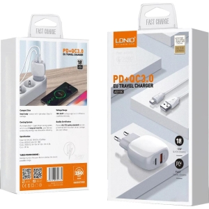 LDNIO A2313C ΦΟΡΤΙΣΤΗΣ QC3.0 + PD 18W ΜΕ ΚΑΛΩΔΙΟ LIGHTNING 1M