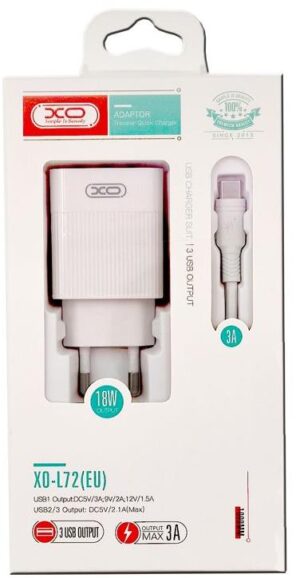 XO L72 ΦΟΡΤΙΣΤΗΣ QC3.0+2.1A, 3 ΘΥΡΕΣ ΜΕ ΚΑΛΩΔΙΟ LIGHTING, 18w