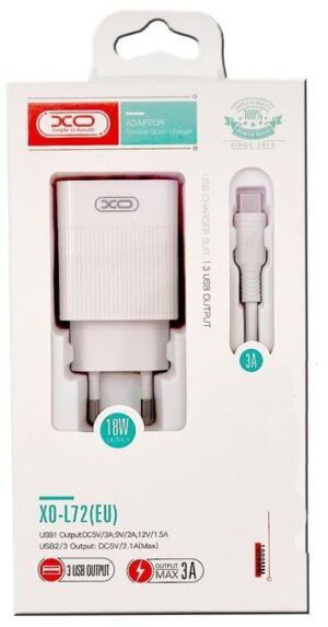 XO L72 ΦΟΡΤΙΣΤΗΣ QC3.0+2.1A, 3 ΘΥΡΕΣ ΜΕ ΚΑΛΩΔΙΟ TYPE-C, 18W