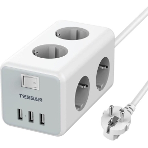 TESSAN TS306 ΠΟΛΥΜΠΡΙΖΟ 6 ΘΕΣΕΩΝ, 3 USB, ΓΚΡΙ/ΛΕΥΚΟ