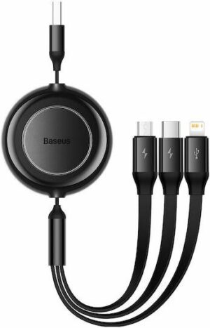 BASEUS BRIGHT MIRROR 2 SERIES, 3 ΣΕ 1, RETRACTABLE, TYPE-C + MICRO USB + LIGHTNING, 3.5A,  1.1M, ΜΑΥΡΟ