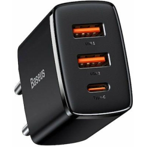BASEUS COMPACT, ΦΟΡΤΙΣΤΗΣ ΓΡΗΓΟΡΗΣ ΦΟΡΤΙΣΗΣ, 3 ΘΥΡΕΣ, 30W, ΜΑΥΡΟΣ