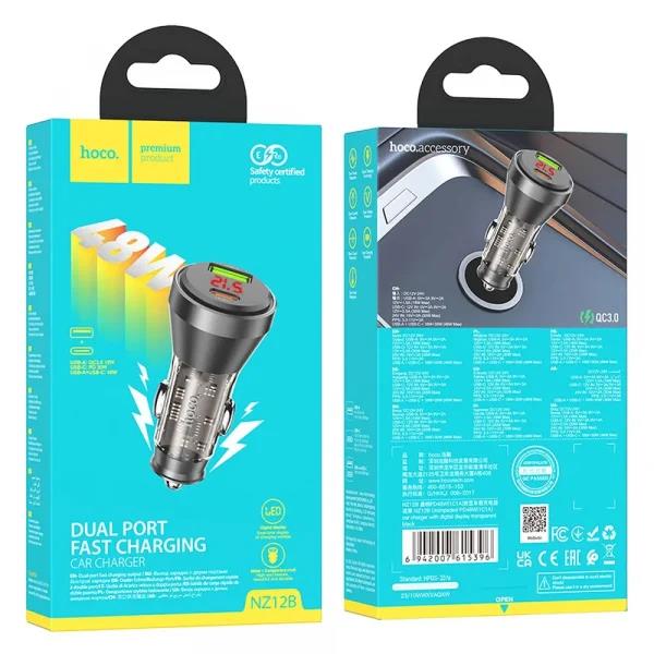 HOCO NZ12B ΦΟΡΤΙΣΤΗΣ ΑΥΤΟΚΙΝΗΤΟΥ, UNIMPEDED PD48W + QC 3.0, 2 ΘΥΡΕΣ, ΔΙΑΦΑΝΗΣ ΜΑΥΡΟΣ - Image 3