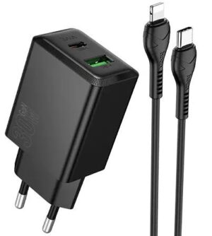 HOCO N71 NUEVO, ΣΕΤ ΓΡΗΓΟΡΗΣ ΦΟΡΤΙΣΗΣ, 30W, 2 ΘΥΡΕΣ, ΜΕ ΚΑΛΩΔΙΟ LIGHTNING, ΜΑΥΡΟ