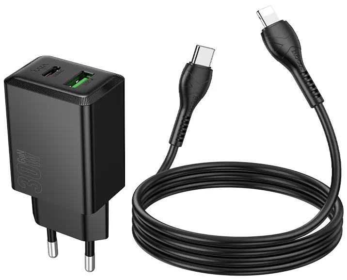 HOCO N71 NUEVO, ΣΕΤ ΓΡΗΓΟΡΗΣ ΦΟΡΤΙΣΗΣ, 30W, 2 ΘΥΡΕΣ, ΜΕ ΚΑΛΩΔΙΟ LIGHTNING, ΜΑΥΡΟ - Image 2