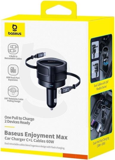 BASEUS ENJOYMENT MAX, ΦΟΡΤΙΣΤΗΣ ΑΥΤΟΚΙΝΗΤΟΥ, ΚΑΛΩΔΙΑ LIGHTNING ΚΑΙ TYPE-C, 60W, ΜΑΥΡΟ - Image 3